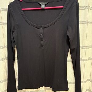 Athleta Black Button-Front Long Sleeve Tee